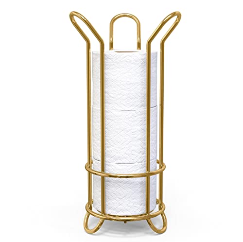 BROOKSTONE Toilet Paper Holder Stand, Modern and Minimal Free Standing Toilet Paper Stand with Storage, Bathroom Tissue Organizer that Holds Mega Rolls - Gold - color: Gold Minimal