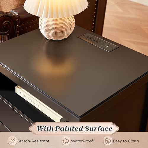 Huuger Black Nightstand Set of 2, Night Stand with Charger Station, Bedside Table with 2 Drawers, Bed Side Tables for Bedroom, Modern Nightstands, Metal Knobs, Painted Surface | with Charger Station, 2 Drawers, Bed Side Tables, for Bedroom, Metal Knobs, P