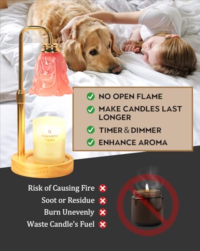 Small Candle Warmer Lamp with Timer, Adjustable Pink Flower Candle Heat Lamp, Unique Women's Gifts for Birthday, Dimmable Candles Heater, Fashion Wax Warming Light with Wood Base - color: A3-pink