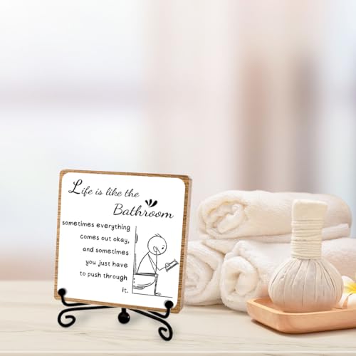Funny Bathroom Decor, Bathroom Wooden Sign with Stand Decor, Farmhouse Home Toilet Desk Shelf Accessories, Rustic Table Decorations Supplies - style: bathroom sign 02