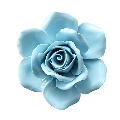 AMERRY 3.94" Ceramic Rose Wall Art, 3D Handmade Porcelain Hanging Sculpture for Home Office Decor (Blue) - color: Blue,Rose,3.94"