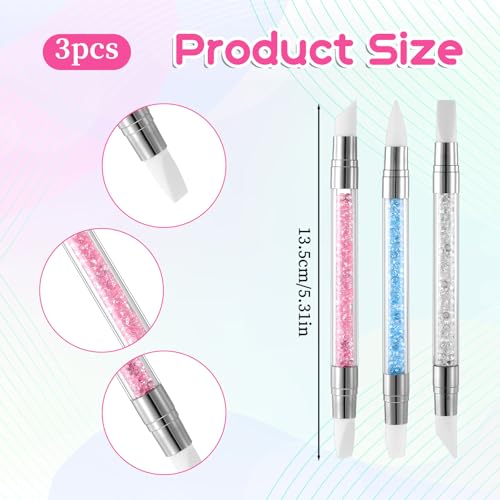 3 Pcs Nail Art Sculpture Pen, Dual Tipped Silicone Nail Tools, Silicone Head Acrylic Handle Nail Art Brushes, Rhinestone Nail Polish Carving Pen, Nail Art Tools for Home Salon(White, Pink, Blue) - color: White, Pink, Blue