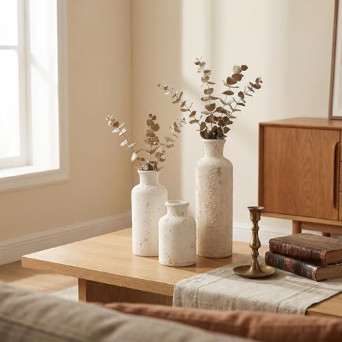 Vintage Ceramic Flower Vase Set of 3, Rustic Farmhouse Vase for Home Decor, Distressed Decorative Vase for Table Entryway Mantel Centerpiece Living Room Bathroom Bedroom (Distressed White) - color: 118--distressed White