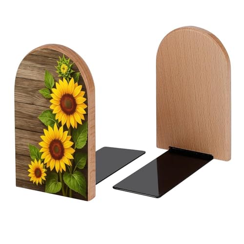 Wooden Board Sunflower Book Ends Decorative Wood Bookends for Shelves Kids Room Desk Home Office Book Stoppers for Magazines,Books, DVDs, 1 Pair/2 Pieces(5x3.1 in) - color: Three Sunflowers