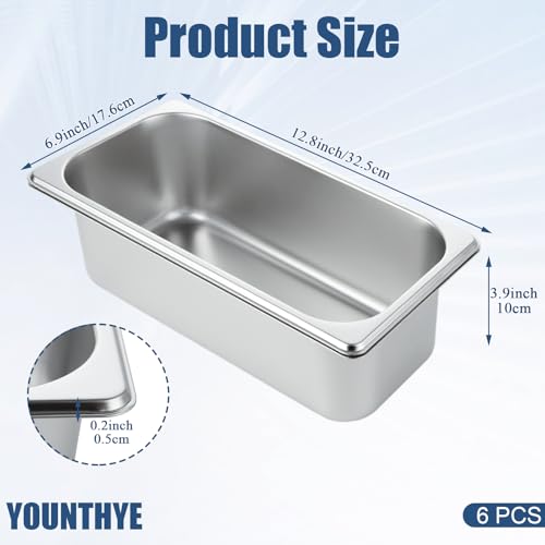 YOUNTHYE 6PCS Hotel Pans Stainless Steel Steam Table Pan 1/3 Size 4 Inch Deep Steam Pan Catering Storage Metal Food Catering Tray for Hotel Restaurant, Buffet Party
