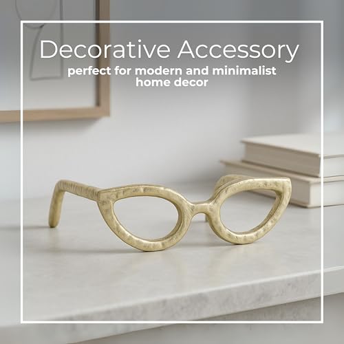 Cateye Glasses Decorative Object – Aluminum Sculpture Modern Home Decor Ornament – Shelf Styling & Coffee Table Decor for Bathroom, Office & Living Room – 7"x3", Gold - color: Gold Cateye