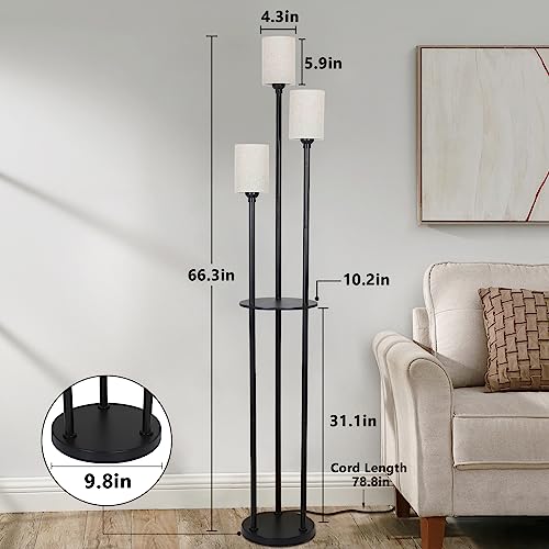 Floor Lamp with Shelves, Modern Floor Lamps for Living Room, 3-Lights Standing Lamp with Linen Shade and Foot Switch, Industrial Standing Lamps for Bedroom, Black Tall Table Lamp for Office - style: Black-Fabric Shade