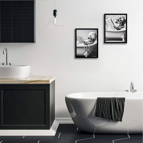 Framed Black and White Funny Cat and Dog Wall Art Set of 2 Canvas Prints, Vintage Animals Reading Newspaper Wall Decor, Humorous Pet Bathroom Decor Pictures with Wood Frame Acrylic Front for Bathroom Decor 12x16IN - color: cat and dog, size: 16"L x 12"W