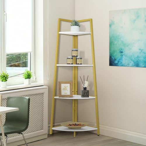 CAPHAUS Tall Corner Shelf Stand, 4-Tier Display Shelves, Ladder Corner Wood Storage Plant Bookshelf with Metal Frame, Versatile Shelving Unit Bookcase for Home Office Space, Gold - color: Gold, size: 4-Tier