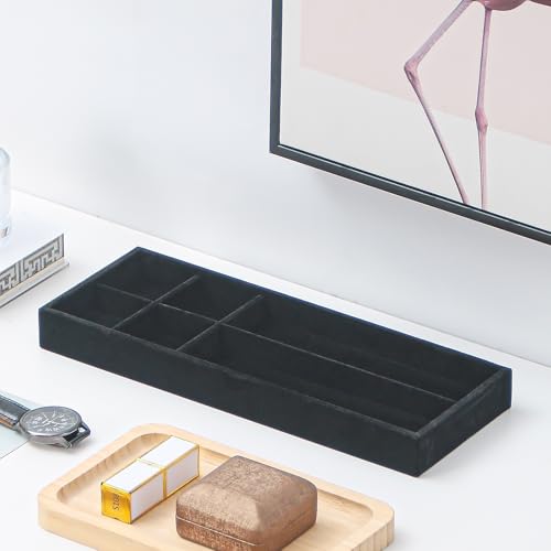 Divided Drawer Organizer Tray, Velvet Jewelry Storage Tray, Necklace Bracelet Ring Earring Display Tray,Bedside Nightstand Desk Holder Tray for Phone Watch Sunglasses Cosmetics Storage/Black/6grid - color: Black, size: Grid6