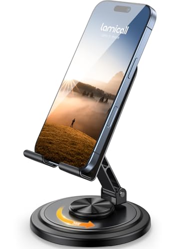 Lamicall Cell Phone Stand for Desk - [360° Rotation] Sturdy Adjustable Desktop Phone Holder, Foldable Mobile Stand, Office Desk Accessories Gifts for iPhone 17 16 15 14 Pro Max, Galaxy S26, Cellphone - color: Black