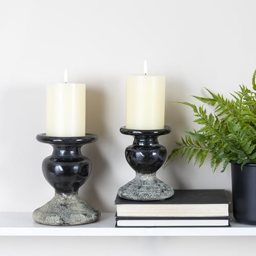 Creative Co-Op 2-Tone Sculptural Terracotta Pillar Candle Holder, Distressed Black - color: Black, size: 5.5" W x 6.5" H