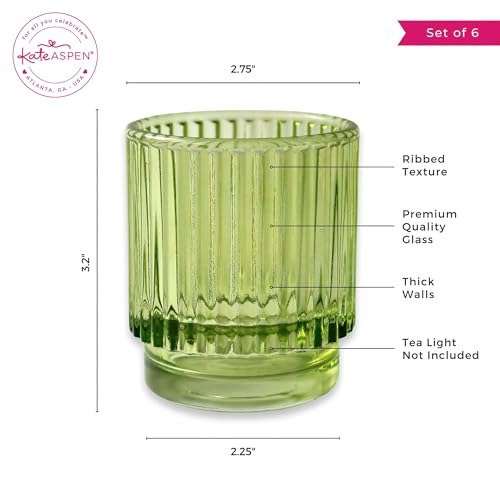 Kate Aspen Vintage Ribbed Glass Candle Holder Decor, Green Votive Candle Holders for Holiday Table Decor, Tealight Candles Holder Glass (Set of 6), Dinning & Christmas Table Decoration Tablescape - color: Green