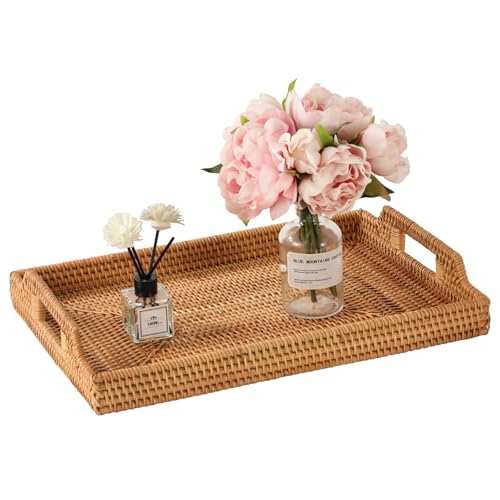 17'' Rattan Serving Tray Rectangle with Handles, Vintage Wicker Table Tray for Decor, Boho Hand Woven Seagrass Coffee Table Basket Tray for Ottoman, Breakfast, Bathroom, Outdoor - size: 17" x 11.4" x 2"