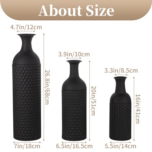 Sziqiqi Large Black Vases Tall 27inch - Metal Floor Standing Vase Set of 3 Modern Honeycomb Texture Big Standing Vase for Living Room Dining Bedroom Home Corner Hallway Indoor Office - style: Large Black Vases