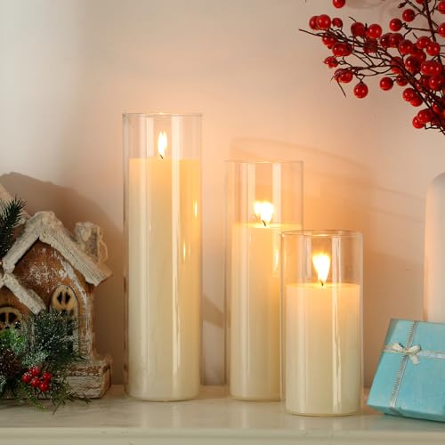 Shihanee Set of 3 Pillar Candles and 3 Glass Cylinder Candle Vases Holders Clear Pillar Jars for Wedding Centerpieces(3.4'' X 7", 9.8", 11.8",Ivory White) - color: Ivory White, size: 3.4'' X 7", 9.8", 11.8"