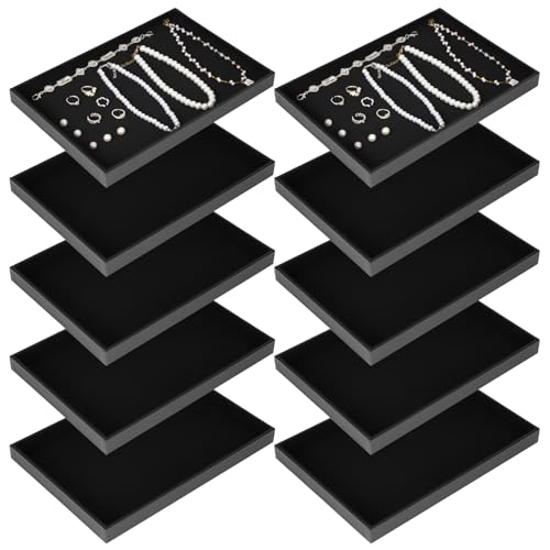 10 Pcs Velvet Stackable Jewelry Tray Showcase Display Jewelry Organizer Tray for Drawers Countertop, Empty Plate for Necklace, Ring, Bracelet Organizing, and Earring Storage Display (Black)