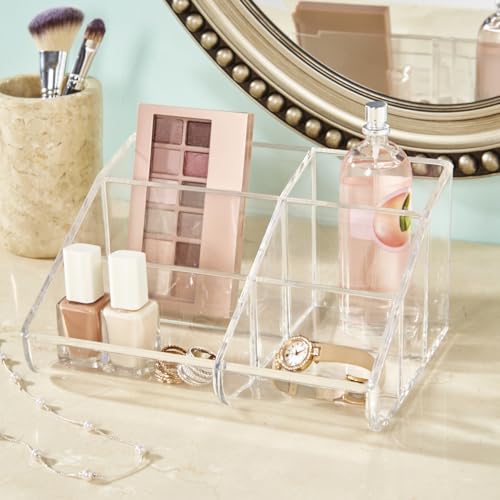 STORi Clear Plastic Vanity Makeup Organizer | 6-Compartment Holder for Brushes, Eyeshadow Palettes, & Beauty Supplies | Curved Front Design | Made in USA