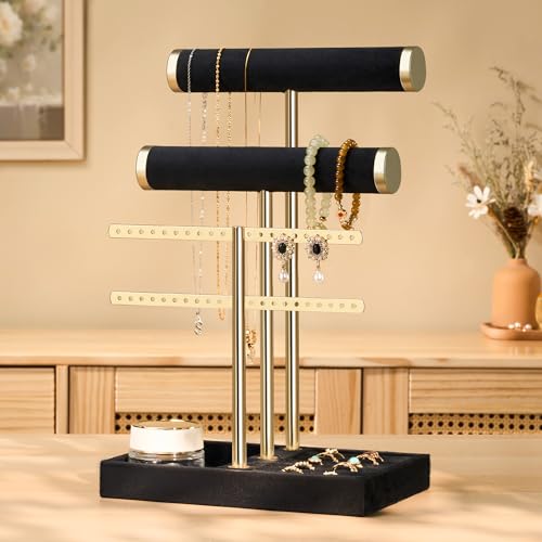 bussdis 3 Tier Bracelet Holder Display - Detachable T Bar Black Velvet Bracelet Holder, Jewelry Holder Organizer for Bracelet, Necklace, Earrings, Rings - color: Black, size: Standard