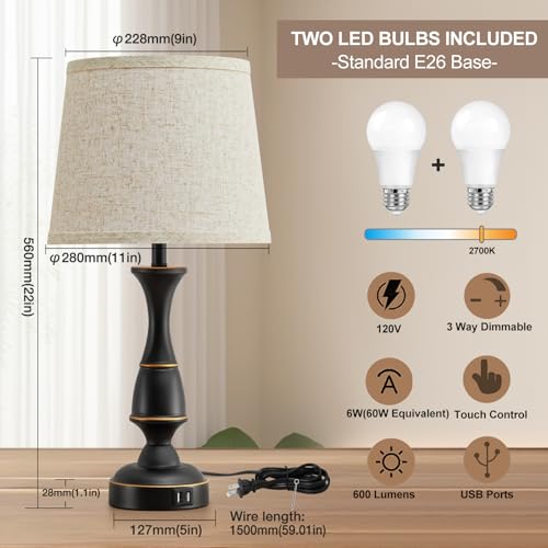 Luvkczc Touch Table Lamps Set of 2, 22" Tall Bedside Lamps with Dual USB A Ports, Dimmable Nightstand Lamps for Bedroom, Living Room, Office, Black Lamps with Beige Lampshade, Bulb Included - color: Black base+Beige lampshade, size: 22in
