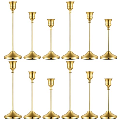 12 PCS Gold Metal Taper Candle Holders, Candlestick Holders, 7cm Diameter Taper Candle Holder Bulk for Table Centerpieces Candlesticks for Wedding Christmas Home Party Table Decor-23/19/16cm - color: 12pcs