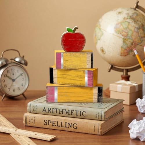 Lineshading 4 Pcs Back to School Table Decorations Retro Red Apples Decor Back to School Tiered Tray Decor Apple Centerpieces Rustic Wood Pencil Block Stack Sign Farmhouse Gifts for Home Shelf Mantel - style: Apple