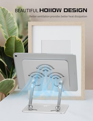 Adjustable Tablet Stand for Desk, Premium Aluminum Holder for iPads, Tablets, Kindles, Switch, Phones, and All Devices up to 14 Inches. Portable and Foldable Silver, Plus Size - color: Silver, size: Plus Size