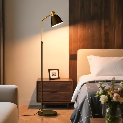 High-End Bright Reading Floor Lamp 12W Tri Color Bulb,Matte Black Iron Lampshade Adjustable,57"-65"Tall ,Weighted Base, Modern Industrial Retro Standing Desk Lamp for Living Room Bedroom Office Corner - color: Black