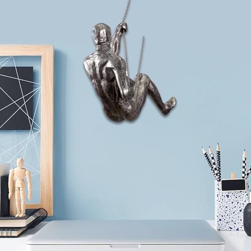 Climbing Man Wall Sculpture – Resin Decor Figure, Modern Art Accent, Black Home Ornament | Unique 3D Hanging Statue Piece, Artistic Abstract Wall Decoration Setup Living Room Bedroom Workplace Design - size: Trumpet left hand, style: Silver