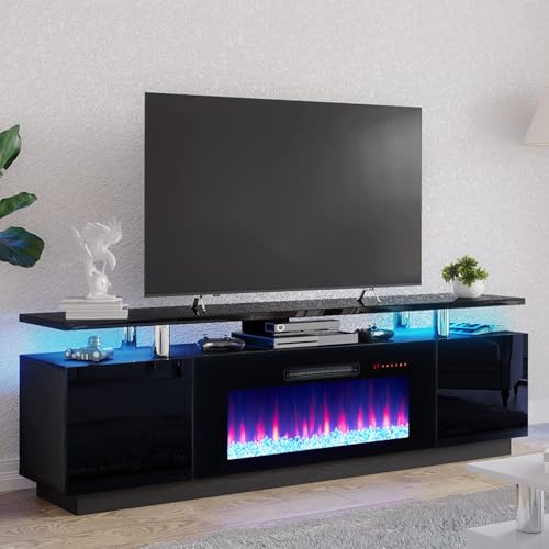 AMERLIFE Fireplace TV Stand with 36" Fireplace, 70" Modern Fireplace Entertainment Center LED Lights, 2 Tier TV Console Cabinet for TVs Up to 80", Obsidian Black - color: Black, size: 70"