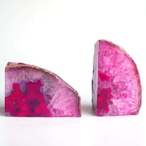 Geode Bookends Agate Decor Book Ends Unique Crystal Bookend Dyed Pink for Home Decorative 1 Pair 2-3 Lbs - color: Pink, size: 2-3LBS