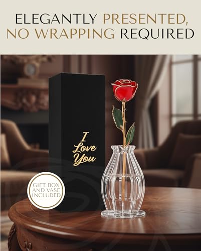 Forever Rose Bloom Box & Phantom Vase Combo, 24K Gold Trim Red Dipped Rose in a Personalized Gift Box That Says I Love You Embossed in Gold Foil, Unique & Everlasting Gift for Any Occasion - color: "I Love You" Red Rose Dipped Rose (Phantom Vase & Bloom B