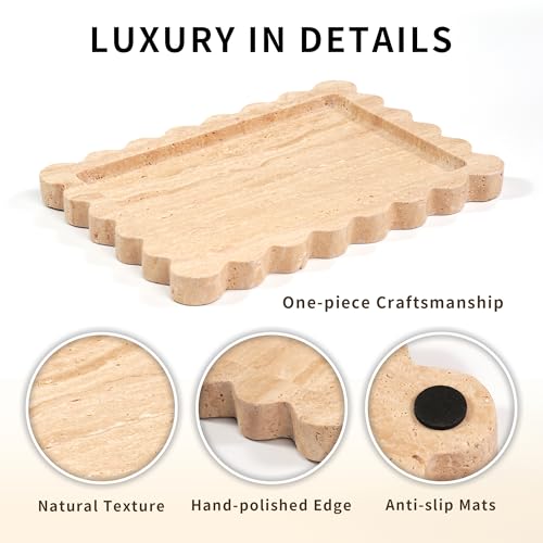 Scalloped Travertine Marble Tray - Large Home Decorative Stone Vanity Perfume Plates for Bathroom Accessories Coffee Table, Dresser Dish for Kitchen Countertop (10.6" x 7.4"x 0.8") - color: Scallop-travertine