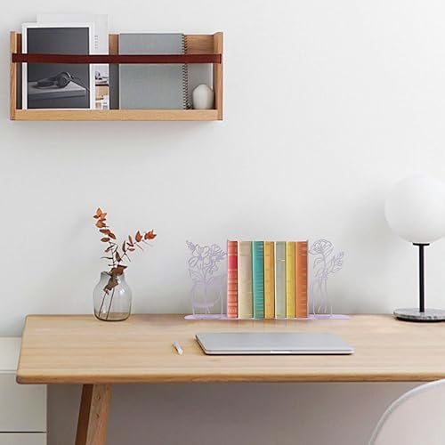 Flower Vase Bookends, Metal Decorative BookEnds for Shelves Cute Book Ends for Office Home Decor, Ideal Gift for Book Lovers (Purple) - color: Purple