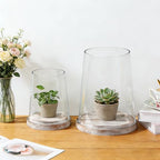 6" Wide Glass Hurricane Candle Holders with Handmade Sturdy Glass Sleeves and Distressed Brown Wood Base for Pillar Candle & Plants, Industrial, Farmhouse, Display Cloche Bell Jars, Table Centerpiece - color: Rustic Brown, size: 6"x7.5"