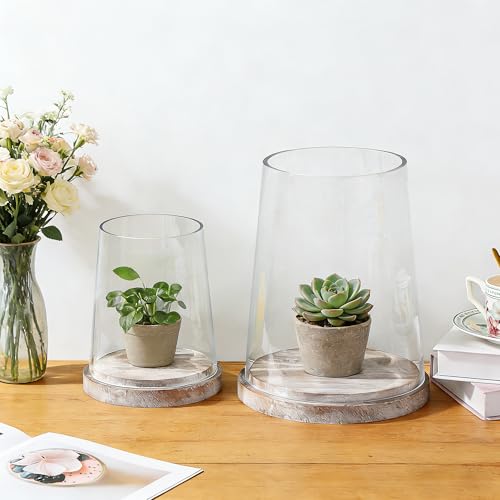 6" Wide Glass Hurricane Candle Holders with Handmade Sturdy Glass Sleeves and Distressed Brown Wood Base for Pillar Candle & Plants, Industrial, Farmhouse, Display Cloche Bell Jars, Table Centerpiece - color: Rustic Brown, size: 6"x7.5"