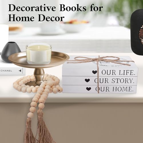 Decorative Books for Home Decor, Faux Books for Decoration, Rustic Farmhouse Decor, Fake Books with 52in Wood Beads Garland, Book Decor for Living Room Coffee Table (Our Life, Our Story, Our Home) - color: Our Life, Our Story, Our Home
