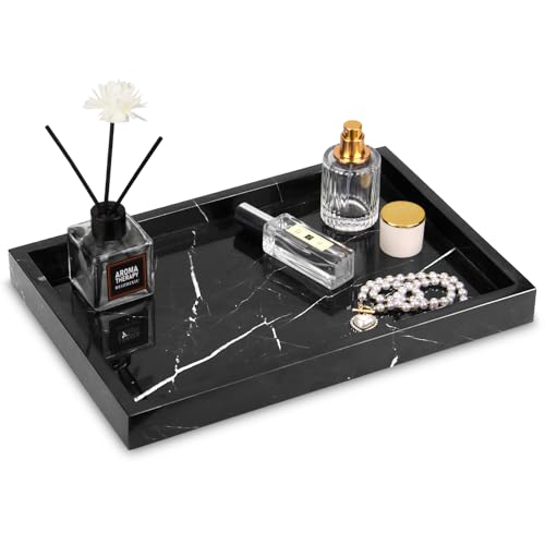 Marble Bathroom Vanity Tray, Natural Luxury Vanity Home Kitchen Bathroom Table Tray, Stone Decorative Countertop Dresser Trays for Key Coffee Perfume Jewelry Makeup (Black Marquina, 12"x 8" x1.2") - color: Black Marquina, size: 12" x 8" x 1.2"