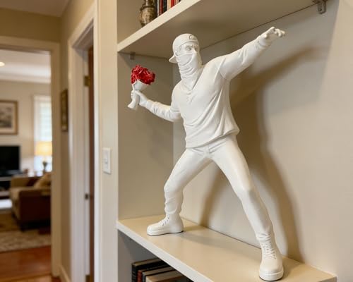 Banksy Flower Thrower Sculpture, 8.5 inch White Banksy Street Graffiti Art Statue Replica, Inspirational Sculpture Gifts Peace Hope - color: White