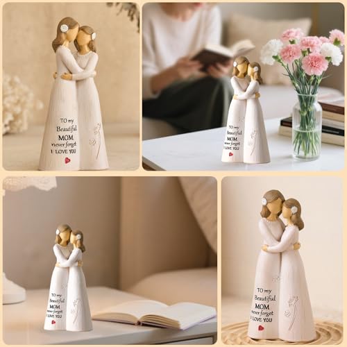 NAN ZAI NAN FANG Gifts for Mom from Daughter Mother Daughter Figurine 5.5" Resin Hand-Painted Sculpture Mothers Day Birthday Thanksgiving for Moms Home Decor Figurines - style: Mother and Daughter Wearing Flower