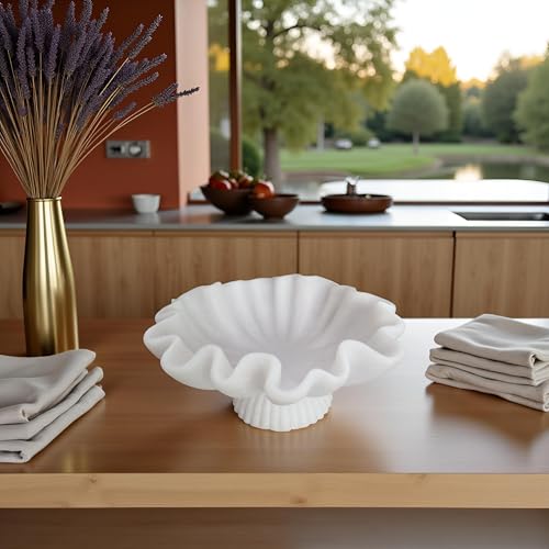 10" Large Decorative Bowl decor - milky white Scalloped Decorative Bowls for Home Decor - Organic Fluted Modern Home Decor,Ruffle Decor key bowl,bowl for keys - color: Milky White-With base, size: 10inch