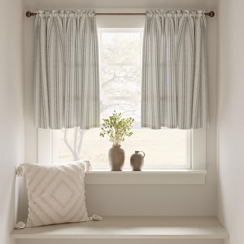 jinchan Linen Striped Kitchen Curtains 24 Inch Farmhouse Small Cafe Curtains Balanced Stripe Half Window Light Filtering for Bathroom Living Room Laundry 2 Panels Black on Linen - color: Striped Chocolate Black on Linen, size: 26"W x 24"L (Pack of 2)