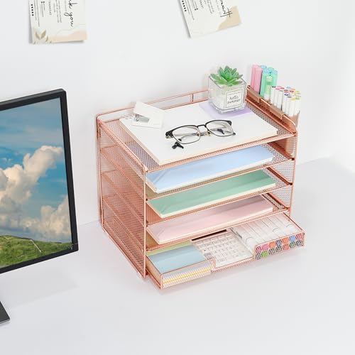 LEKETREE Desk Organizer and Accessories, 5-Tier Paper Letter Tray Organizer with Drawer & 2 Pen Holders for Desktop File Organization, Office Desk Accessories for Supplies Storage (Rose Gold) - color: Rose Gold, size: 12" x 8" x 10"
