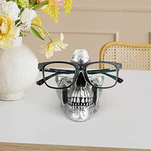 Mrlikale Skull Glasses Stand, Creative Eyeglasses Display Rack, Sunglasses Spectacle Holder, Key Holder Resin Sculptures for Entryway, Home, Office, Desk, Nightstand (Silver) - color: Silver