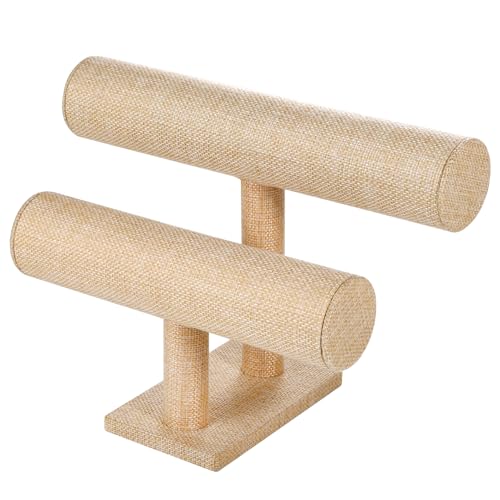 Two-layer T-shaped jewelry organizer, specifically designed for the display and organization of bracelets, bangles.Simple and elegant (Yellow Linen) - color: Yellow Linen