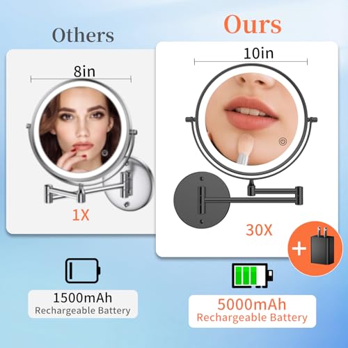FUNTOUCH 5000mAh Rechargeable Wall Mounted Makeup Mirror with Lights, 9" Double Sided 1X/30X Magnifying Mirror with Dimmable 3 Color Light, Extended Swing Arm 360° Wall Mount Bathroom Mirror, Black - color: Black-30x