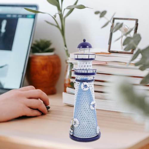 Amosfun Nautical Lighthouse Candle Holder Metal Tea Light Stand Mediterranean Desk Decor with Large Round Holes for Home Office Table Display