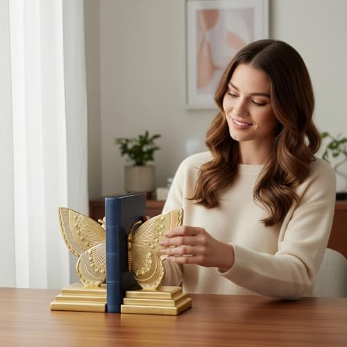 Butterfly Book Ends Decorative Bookends for Shelves, Elegant Butterfly Bookends for Bookshelf Decor, Animal Decorative Book Stoppers for Home Office - color: Butterfly - Gold