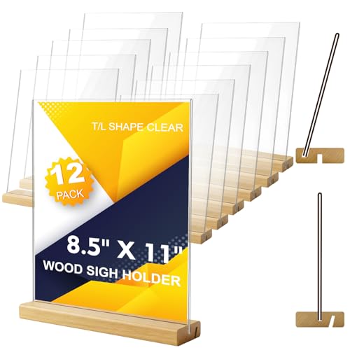 Comix 8.5x11 Acrylic Sign Holder with Wood Base 12 Pack Clear Table Display Stand Vertical or Slant Back Display for Wedding, Restaurant, Store, Office, Hotel - size: 12 Pack 8.5x11 inches (T/L)