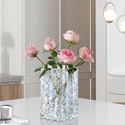 Aoderun Glass Vase Crystal Vase Heavy Duty Large Flower Vase for Dining Table Kitchen Office Home Shelf Wedding Living Room Centerpieces(Iridescent Clear) - color: Iridescent Clear